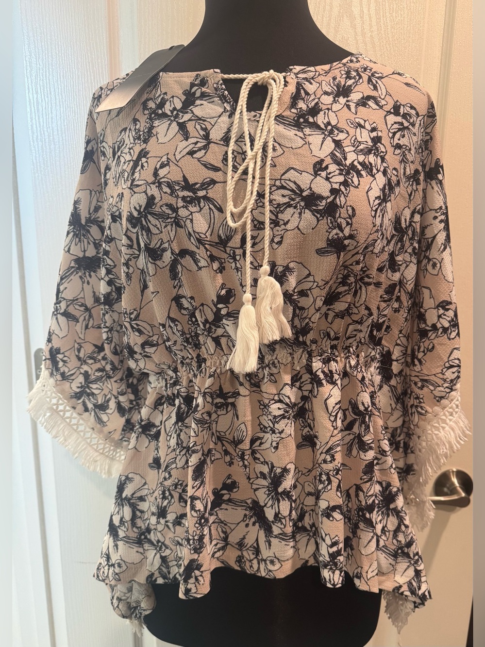 Beige Floral Tassel-Peasant Blouse - Women